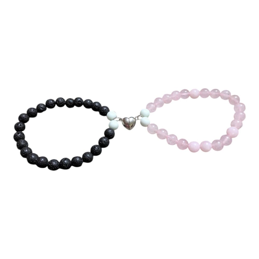 Matching Beaded Bracelet Set with Heart Charm – Black & Pink
